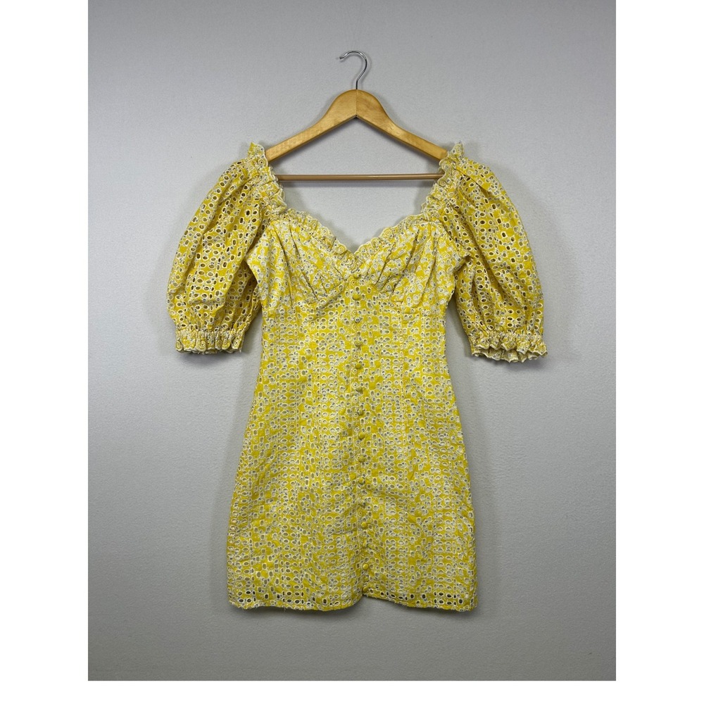 Cottagecore LINI Women XS Yellow Floral Eyelet Puff Sleeve Mini Dress Sweetheart